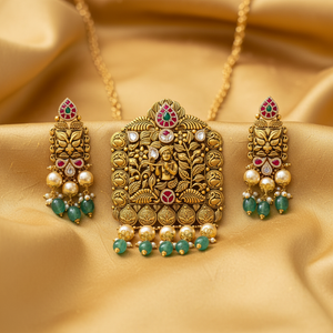 Krishna Temple Pearl Pendant Set - Silk Fabric