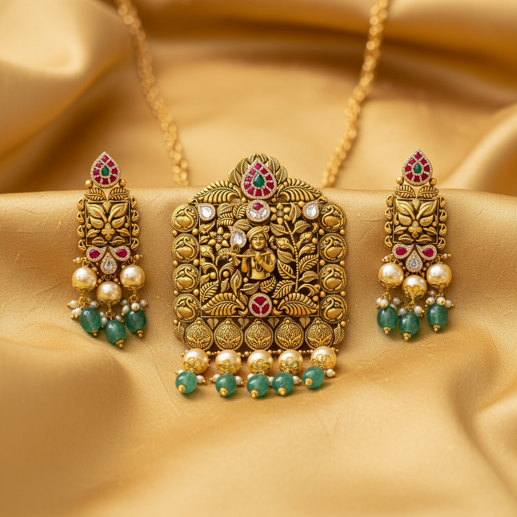 Krishna Temple Pearl Pendant Set - Silk Fabric
