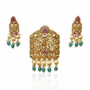 Krishna Temple Pearl Pendant Set - White BG