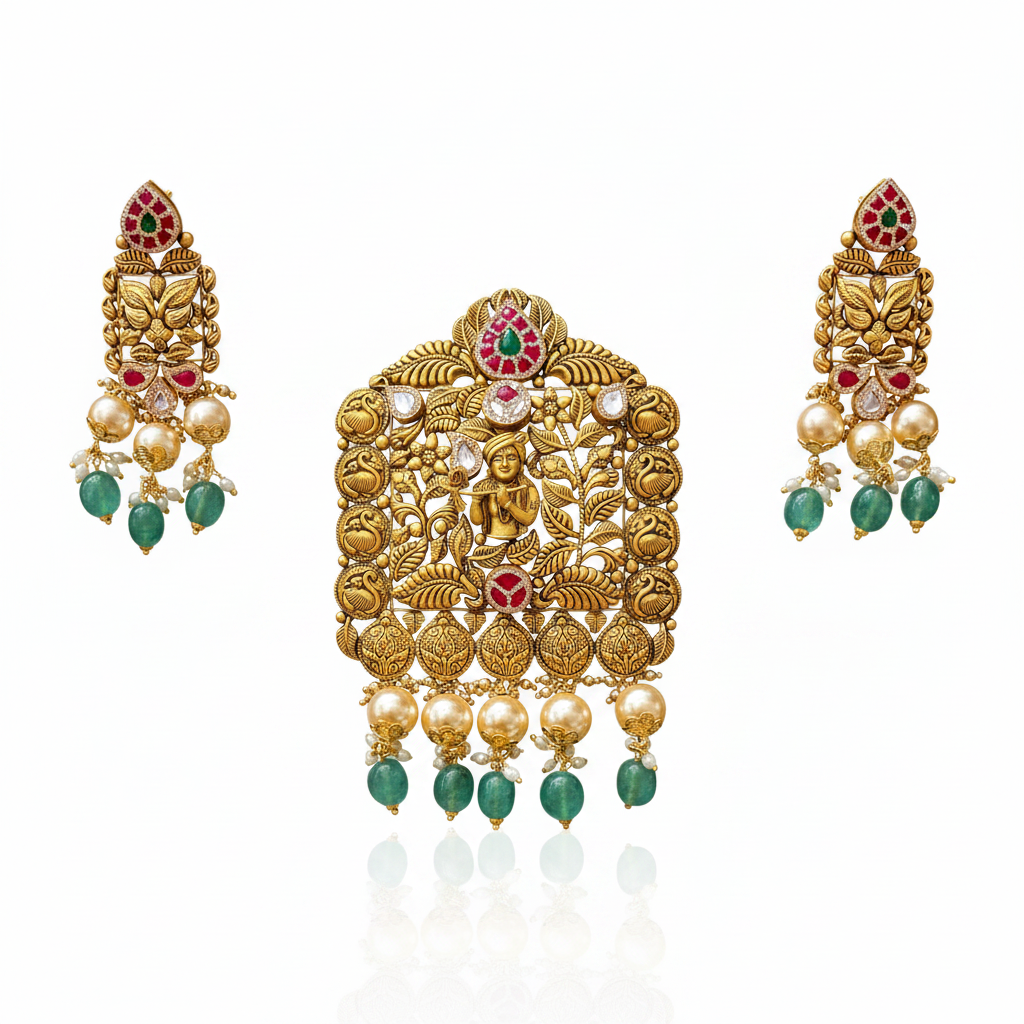 Krishna Temple Pearl Pendant Set - White BG
