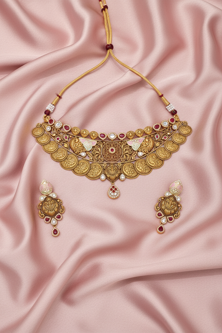Lakshmi Coin Layered Choker on Pink Satin