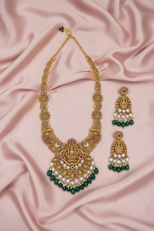 Lakshmi Coin Temple Necklace on Pink Satin