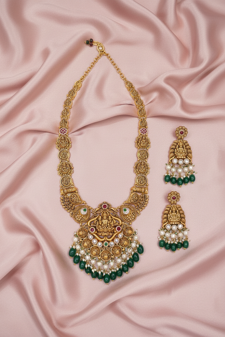 Lakshmi Coin Temple Necklace on Pink Satin