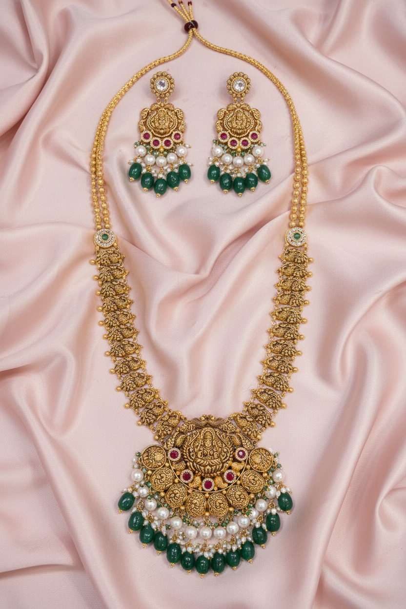 Lakshmi Elephant Temple Necklace on Pink Satin