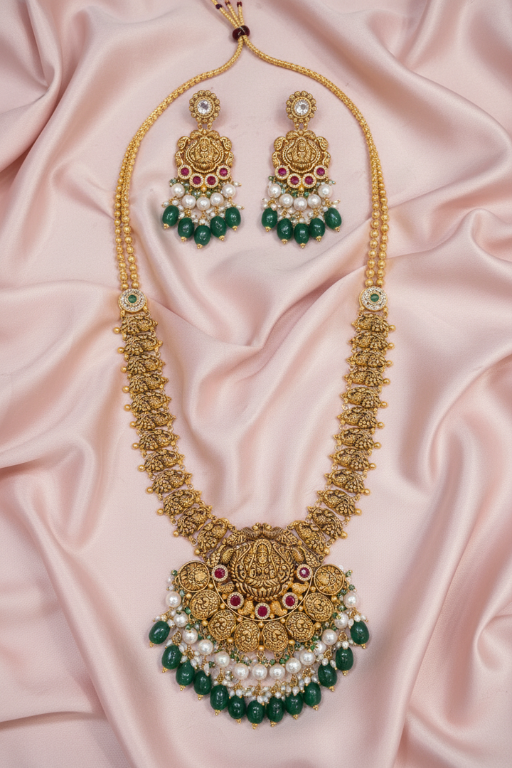 Lakshmi Elephant Temple Necklace on Pink Satin
