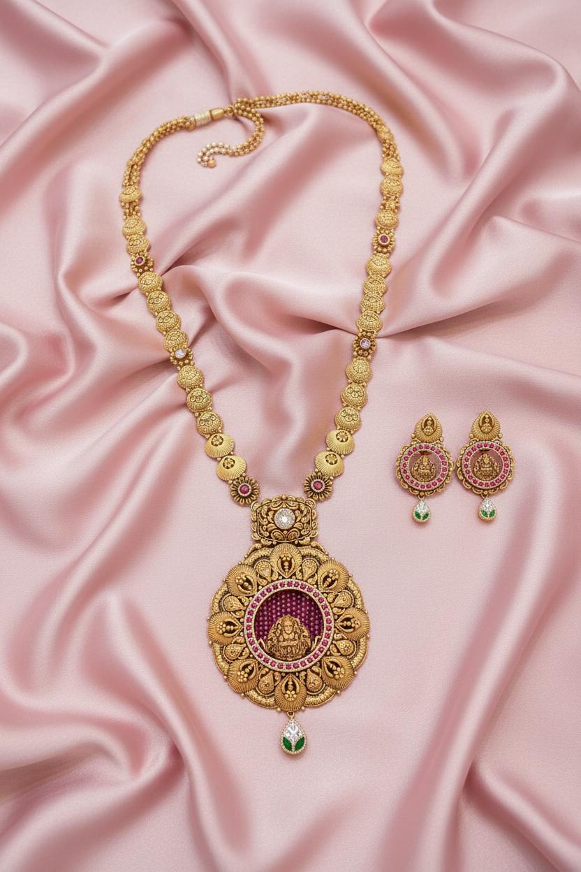 Lakshmi Long Necklace Set on Pink Satin