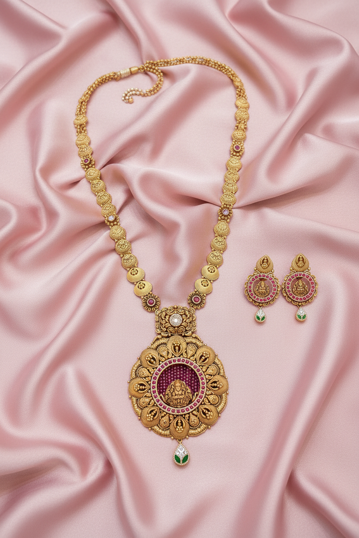 Lakshmi Long Necklace Set on Pink Satin