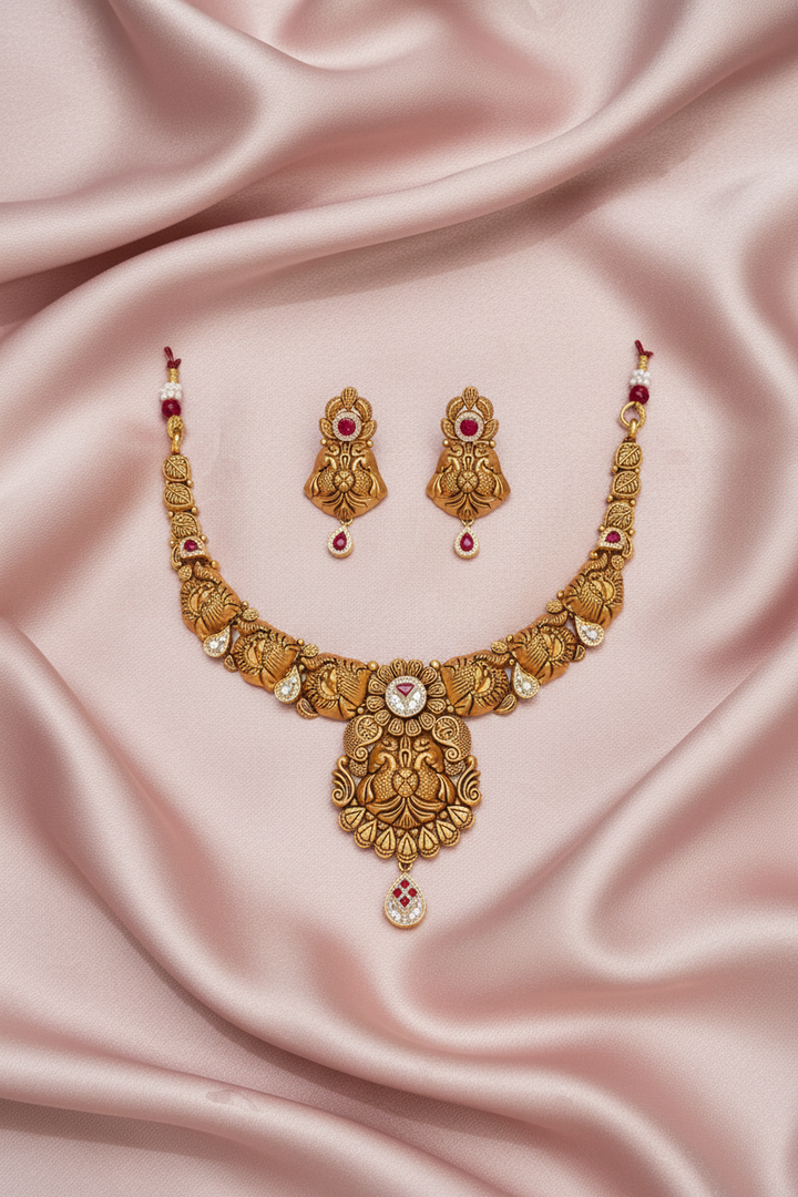 Lakshmi Peacock Temple Choker on Pink Satin