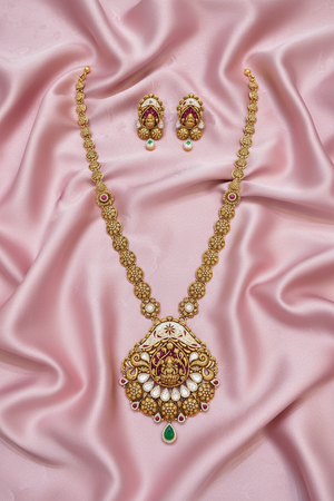 Lakshmi Peacock Temple Necklace on Pink Satin