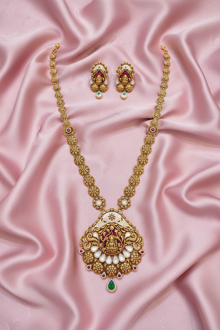 Lakshmi Peacock Temple Necklace on Pink Satin