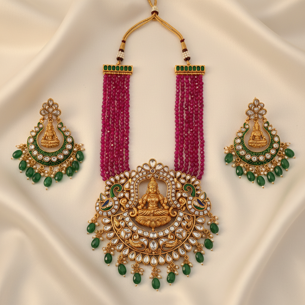 Lakshmi Temple Necklace Set Flat Lay