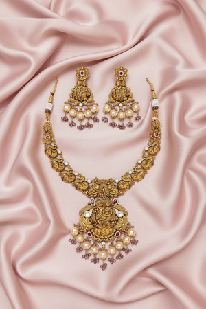 Lakshmi Temple Necklace Set on Pink Satin