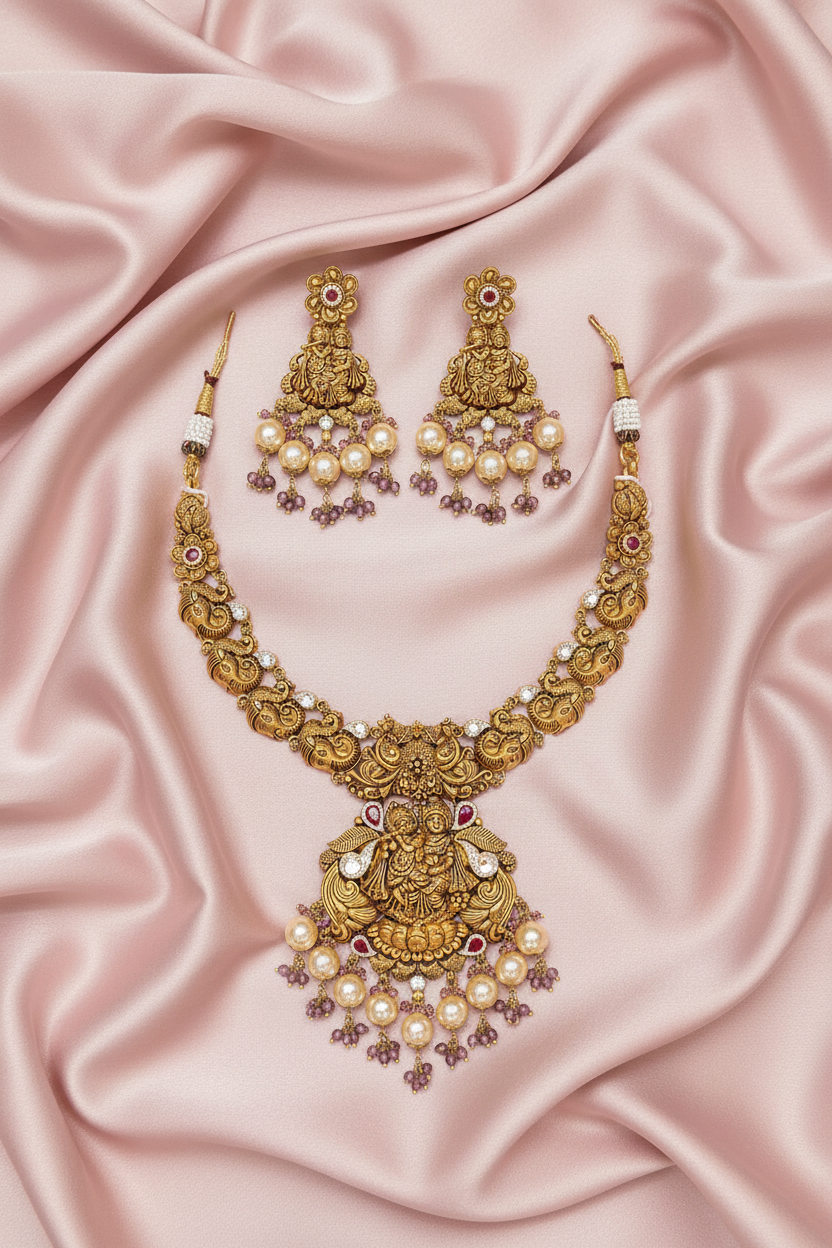Lakshmi Temple Necklace Set on Pink Satin