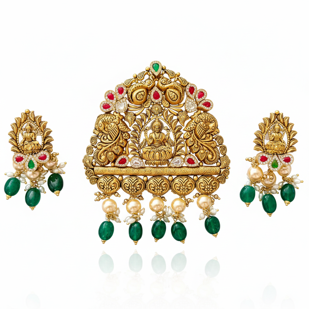 Lakshmi Temple Pendant Set - White Background