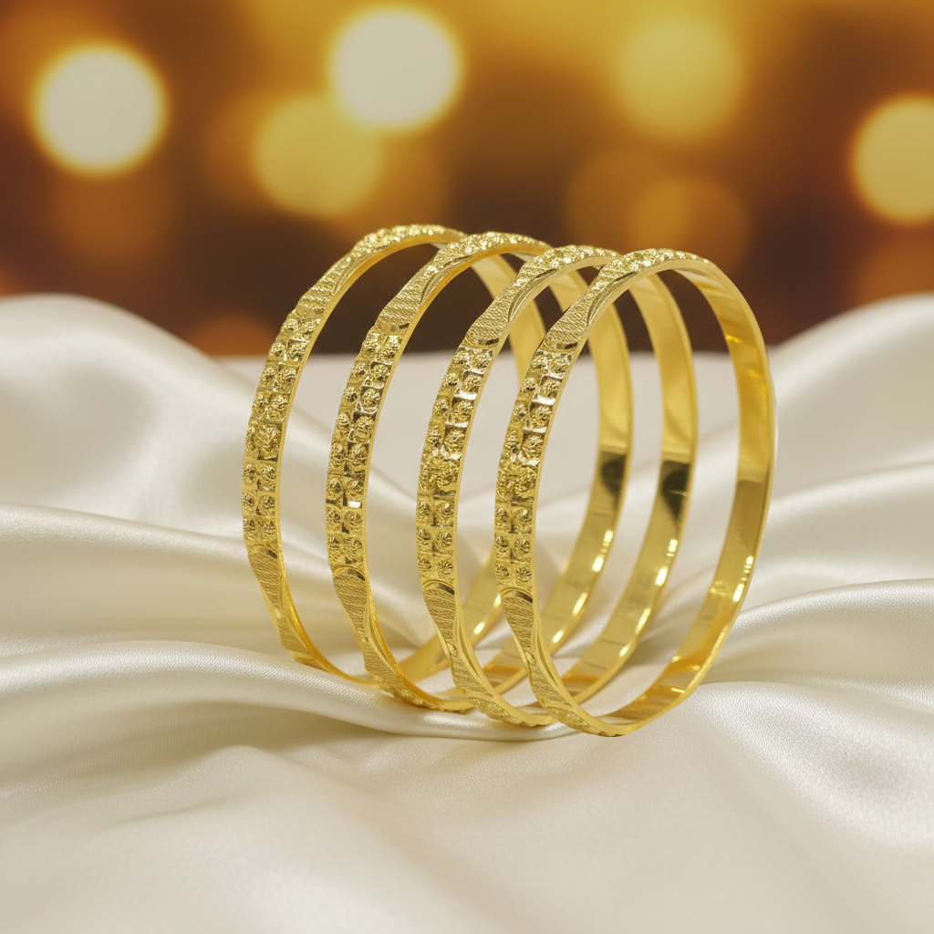 22Kt Gold Bangles | Hourglass Silhouette & Floral Rosette Embossed Design | Set of 4