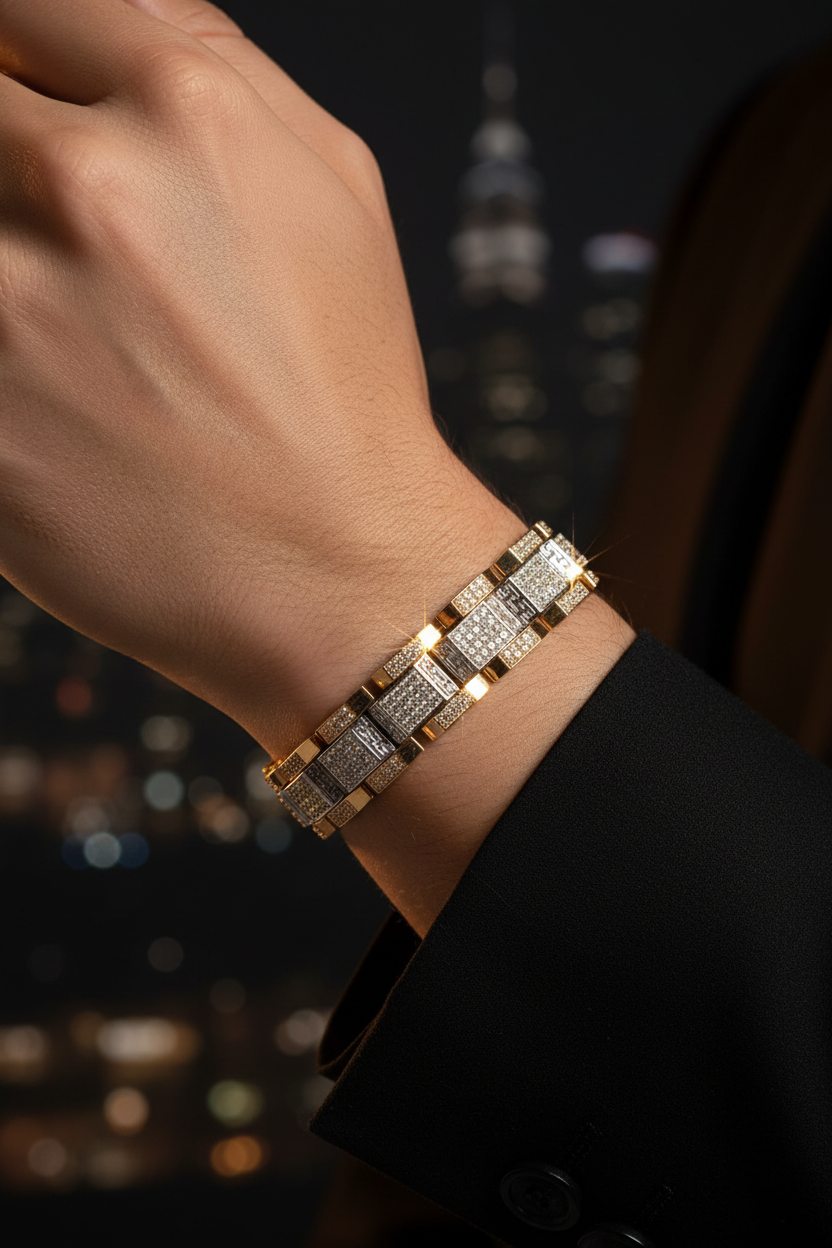 Male Model Wearing Greek Key Diamond Bracelet