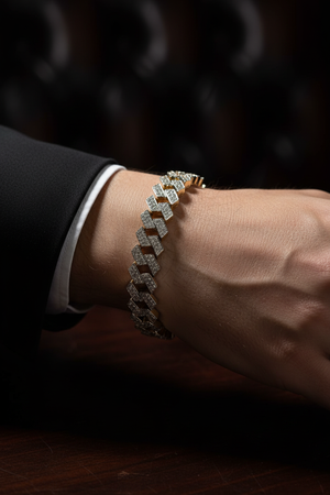 Male Model Wearing Iced Out Cuban Link Bracelet