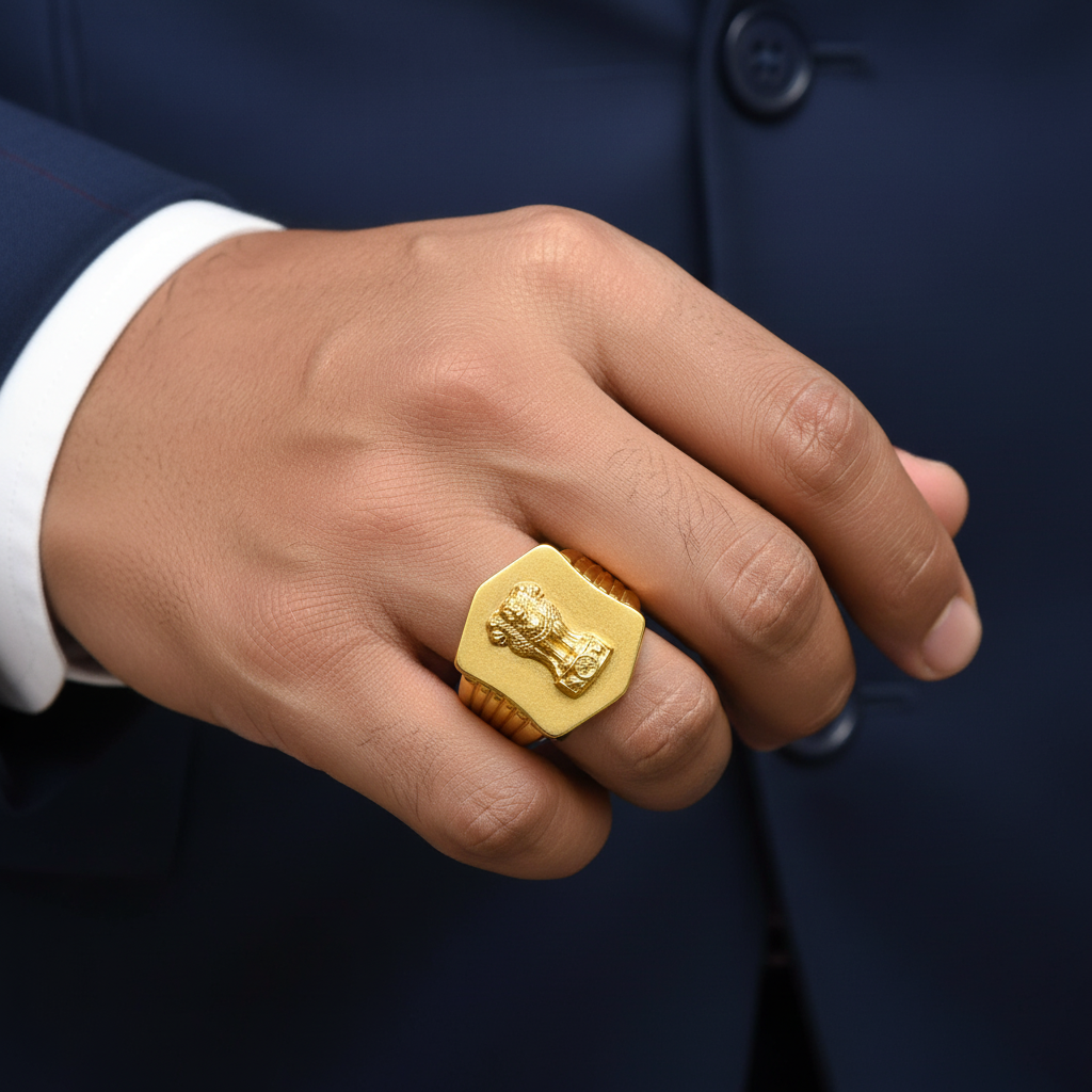 Model Wearing - Ashoka Stambh Gold Ring (Regenerated)