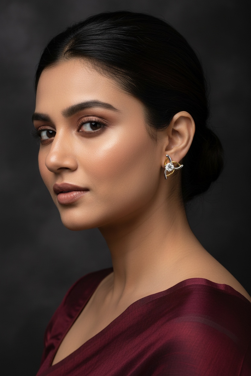 Model wearing diamond leaf swirl stud earrings