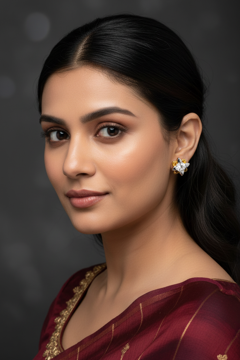 Model wearing diamond stud earrings