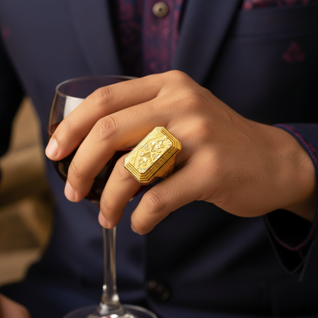 Model Wearing - Gents Hexagonal Gold Ring (Regenerated)