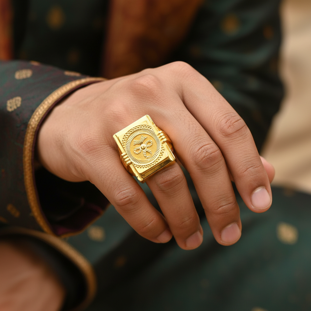 Model Wearing - Gents Medallion Square Ring