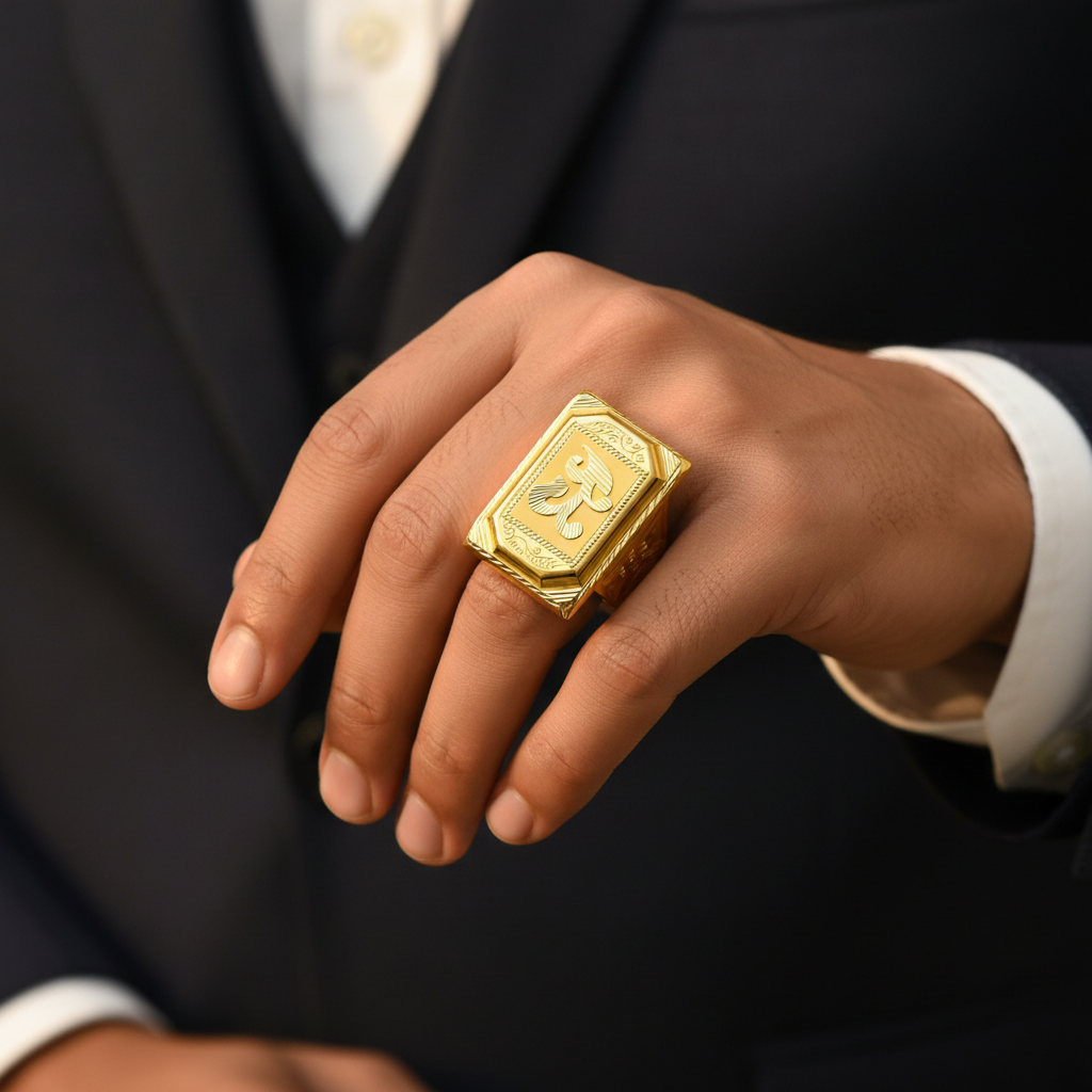 Model Wearing - Gents Om Rope Border Ring