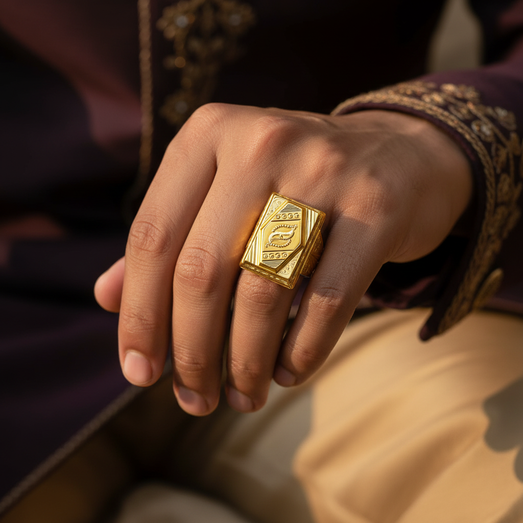 Model Wearing - Gents Om Tapered Ring