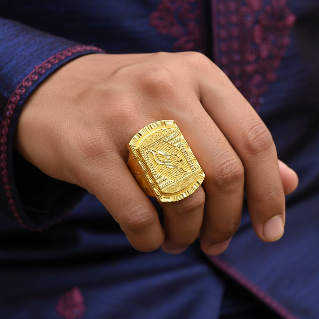 Model Wearing - Gents Trapezoid Floral Ring