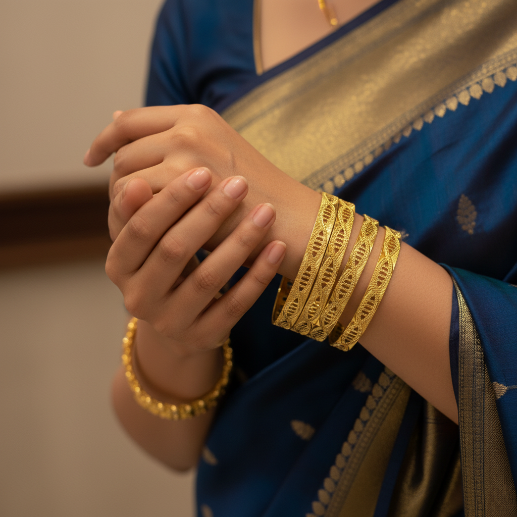Model Wearing Gold Bangles Set of 4
