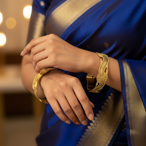 Model Wearing Gold Bangles Wavy