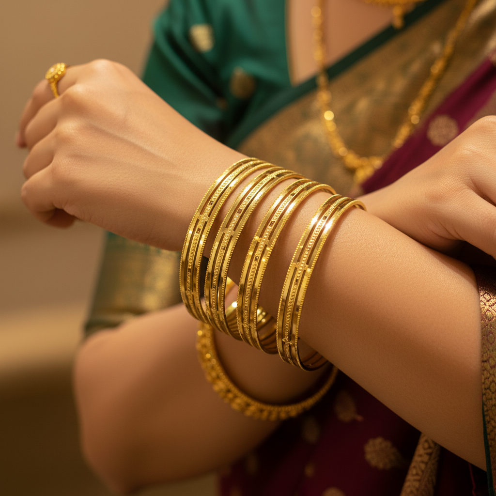 Model Wearing Slim Stacking Gold Bangles
