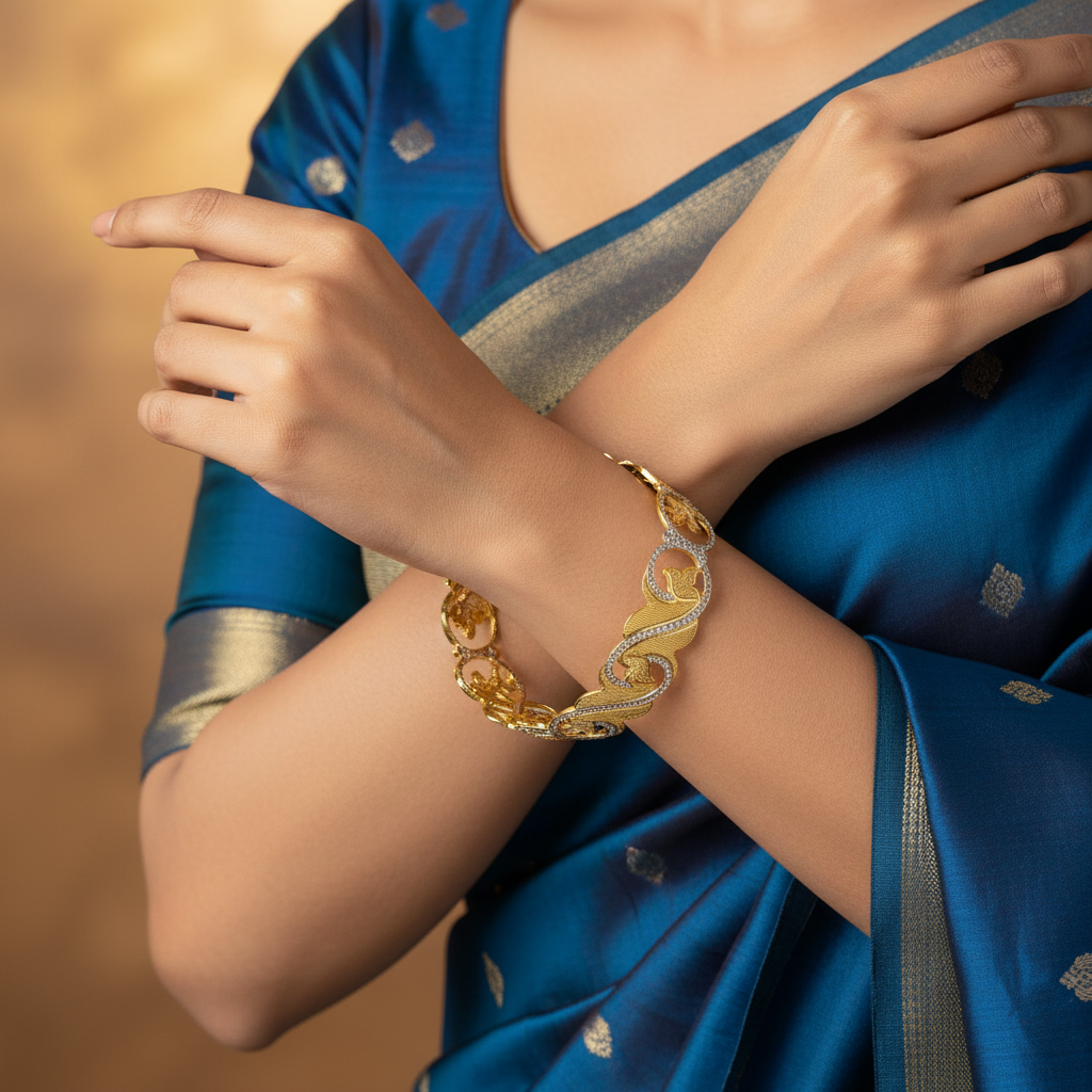 Model Wearing Two-tone Gold Bangles