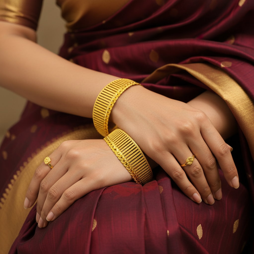 Model Wearing Wide Gold Bangles Chevron