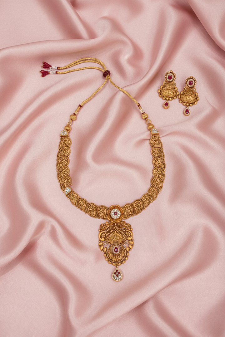 Peacock Floral Necklace on Pink Satin
