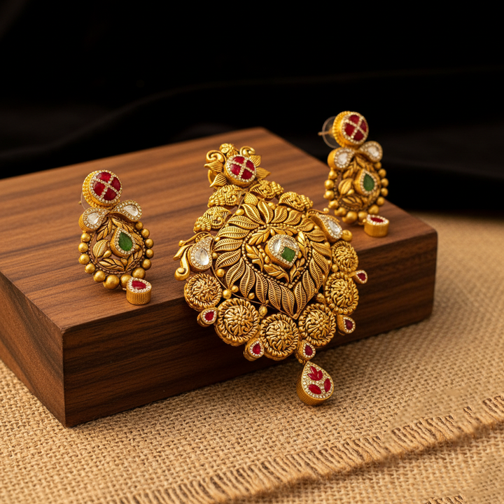 22Kt Antique Gold Pendant Set with Red & Green Polki Stones | Savya Jewels