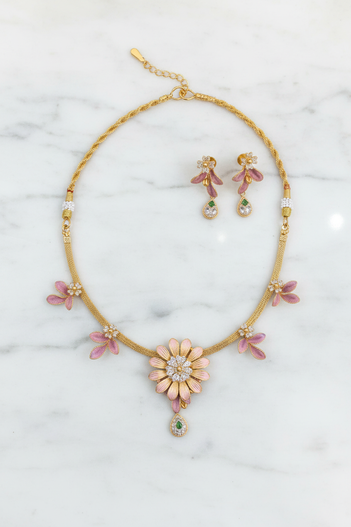 Pink Enamel Floral Necklace Set Flat Lay
