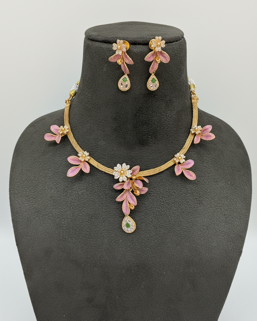 Pink Enamel Floral Necklace Set on Velvet Bust