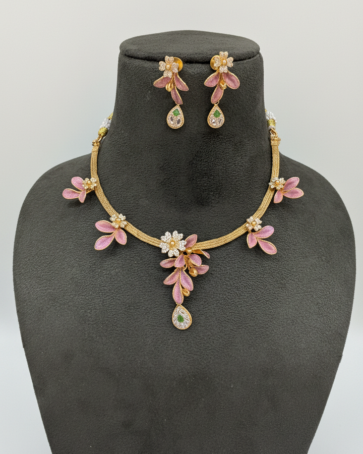 Pink Enamel Floral Necklace Set on Velvet Bust