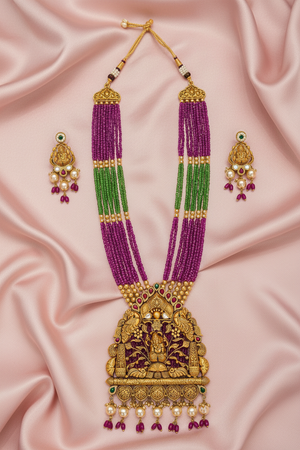 Radha Krishna Temple Necklace on Pink Satin