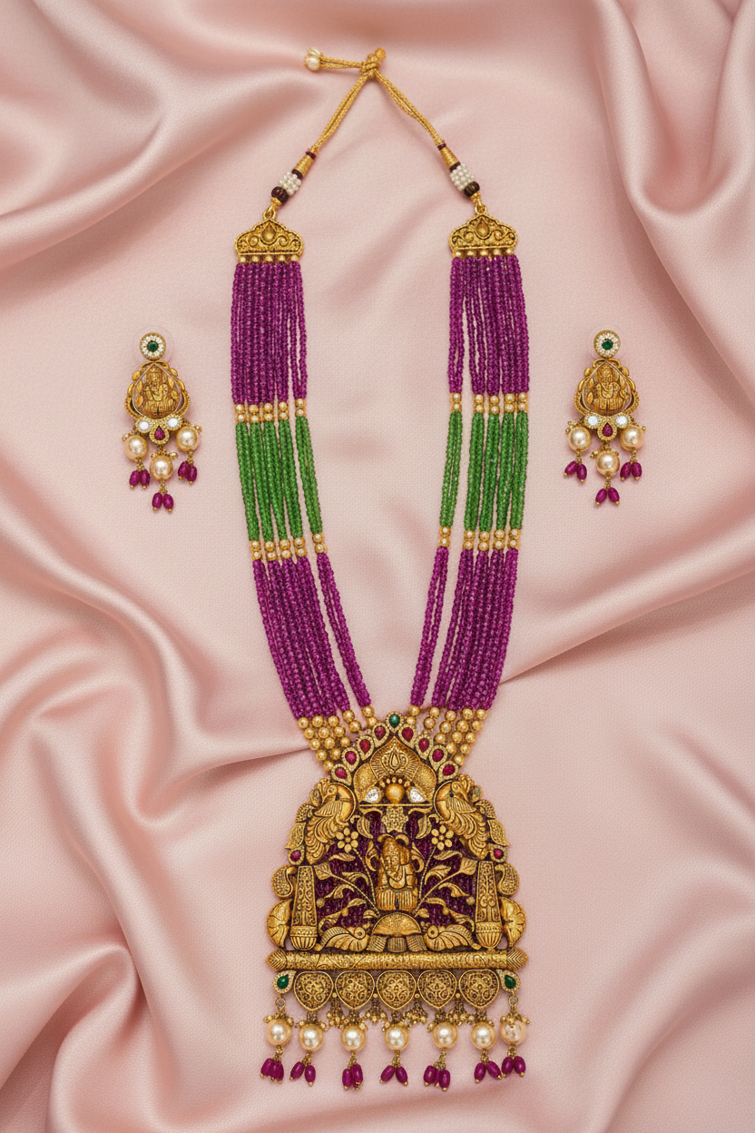 Radha Krishna Temple Necklace on Pink Satin