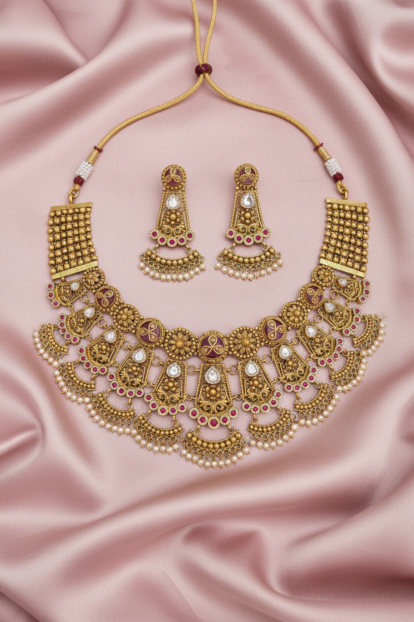 Rajwadi Bridal Choker on Pink Satin