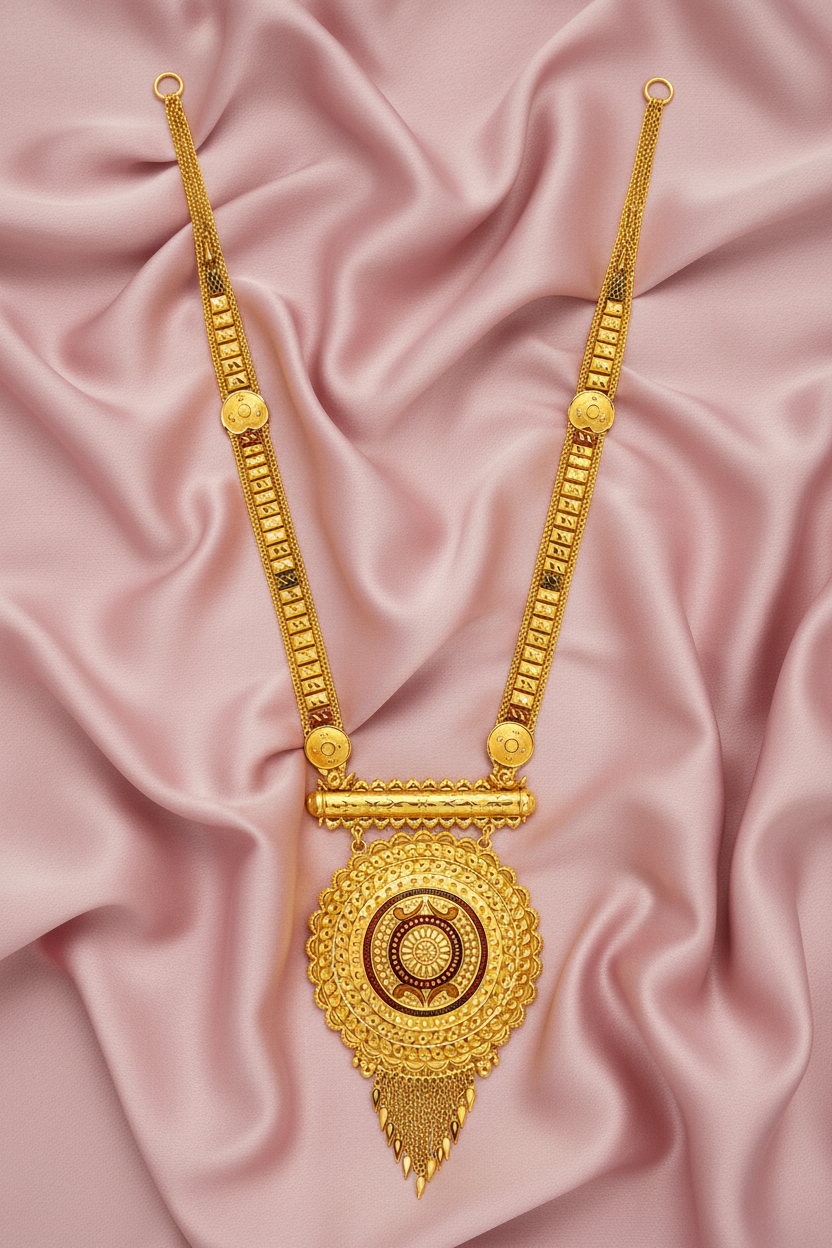Rajwadi Long Haar Shield Pendant on Pink Satin