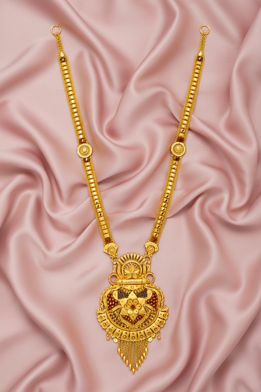 Rajwadi Long Haar Shield Sunburst Pendant on Pink Satin
