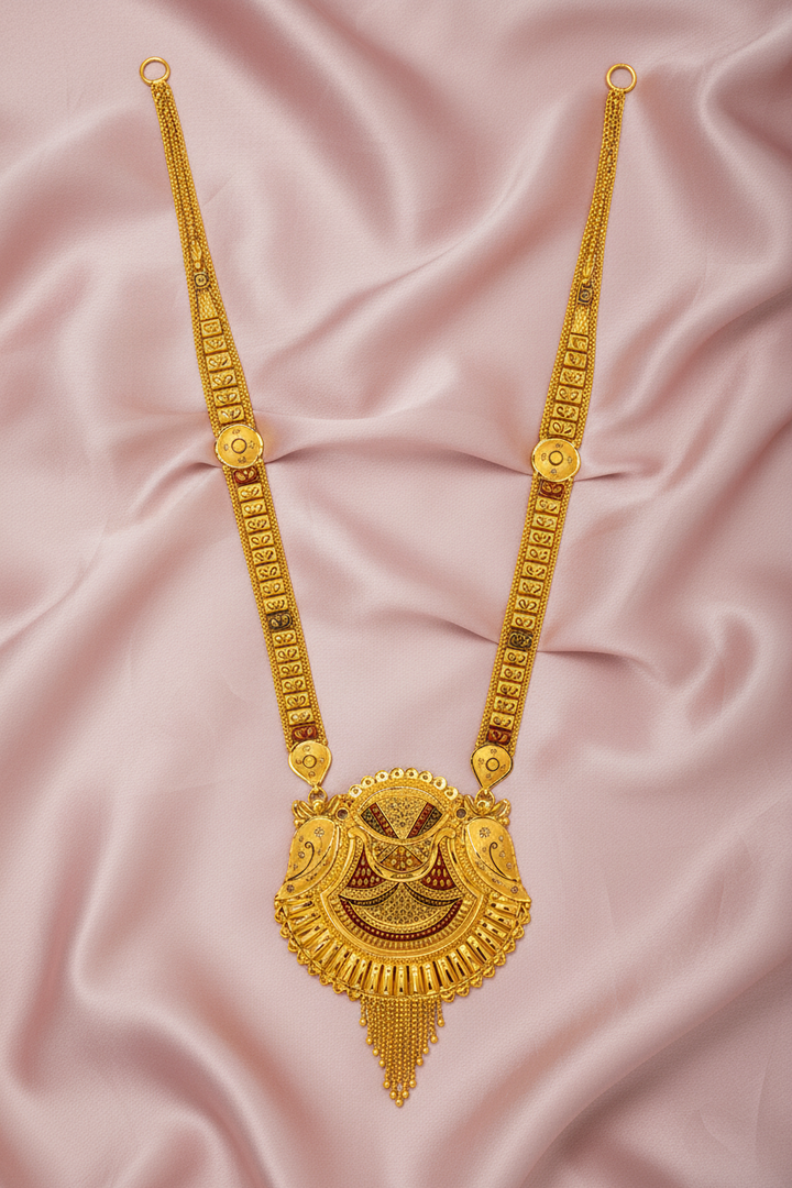 Rajwadi Long Haar Twin Peacock Disc Pendant on Pink Satin