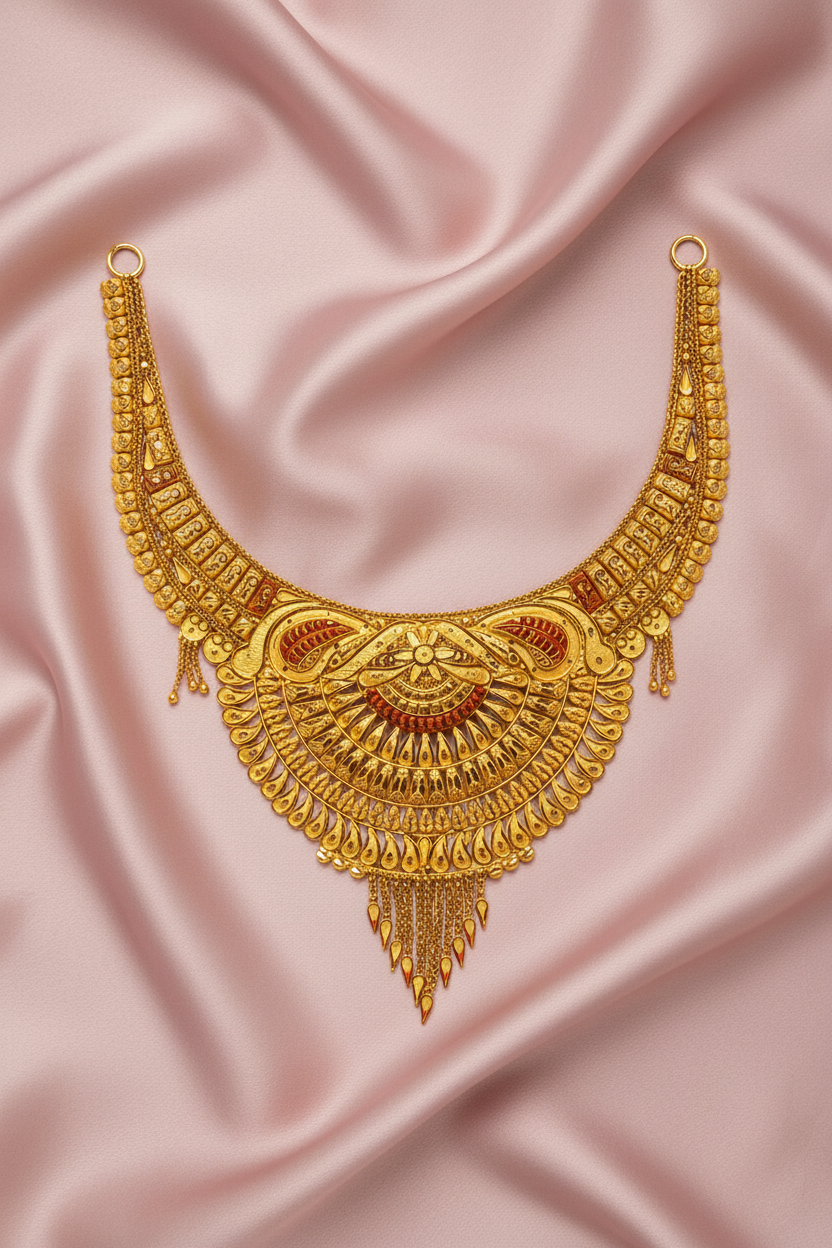 Rajwadi Scalloped Bridal Necklace on Pink Satin