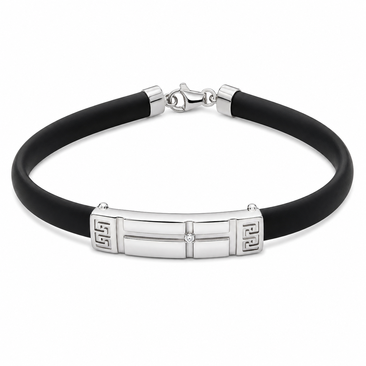 Greek Key Men’s Platinum & Black Rubber Bracelet | Pt950 | Savya Jewels