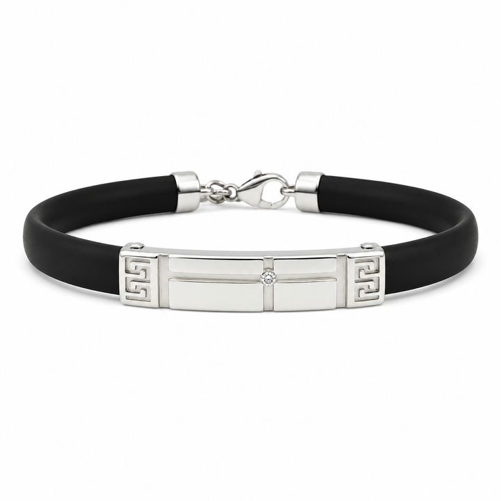 Greek Key Men’s Platinum & Black Rubber Bracelet | Pt950 | Savya Jewels