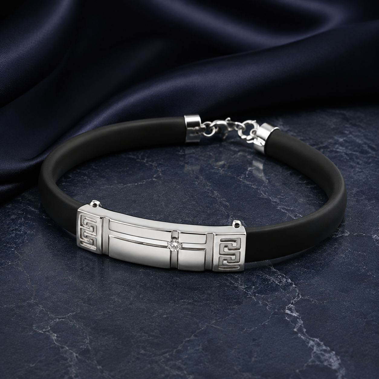 Greek Key Men’s Platinum & Black Rubber Bracelet | Pt950 | Savya Jewels