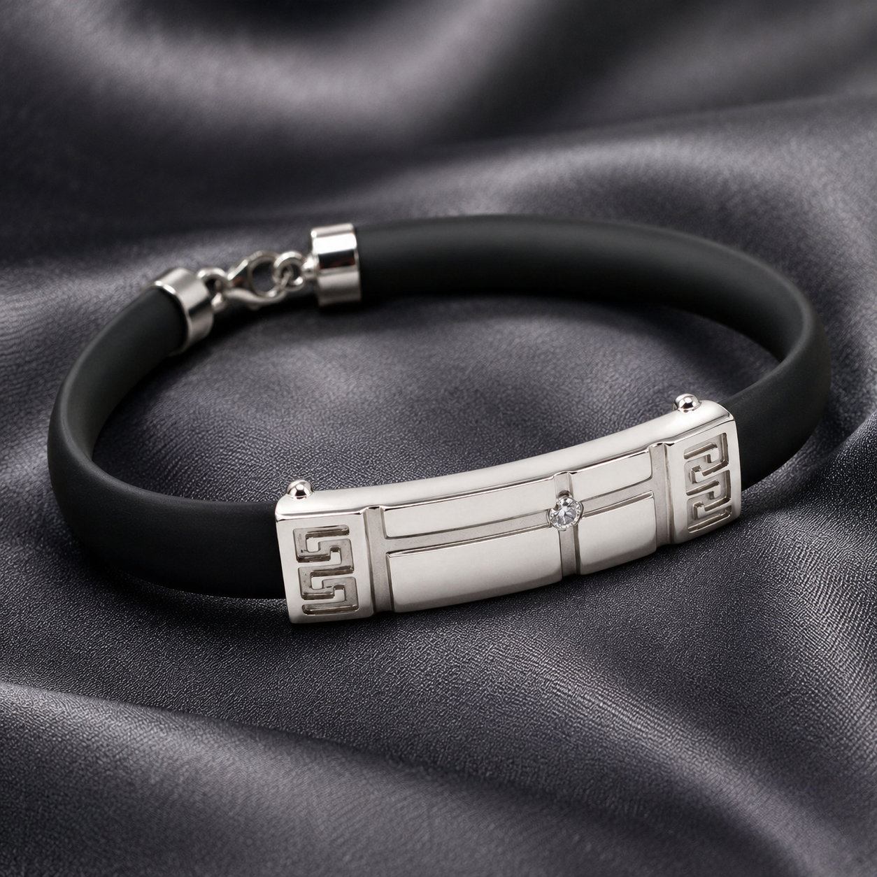 Greek Key Men’s Platinum & Black Rubber Bracelet | Pt950 | Savya Jewels